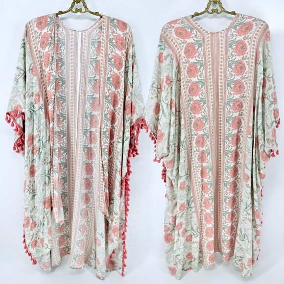Plus Size Pink Mixed Floral Fringe Trim Cover Up Duster Sz 2X-3X - Picture 4 of 7